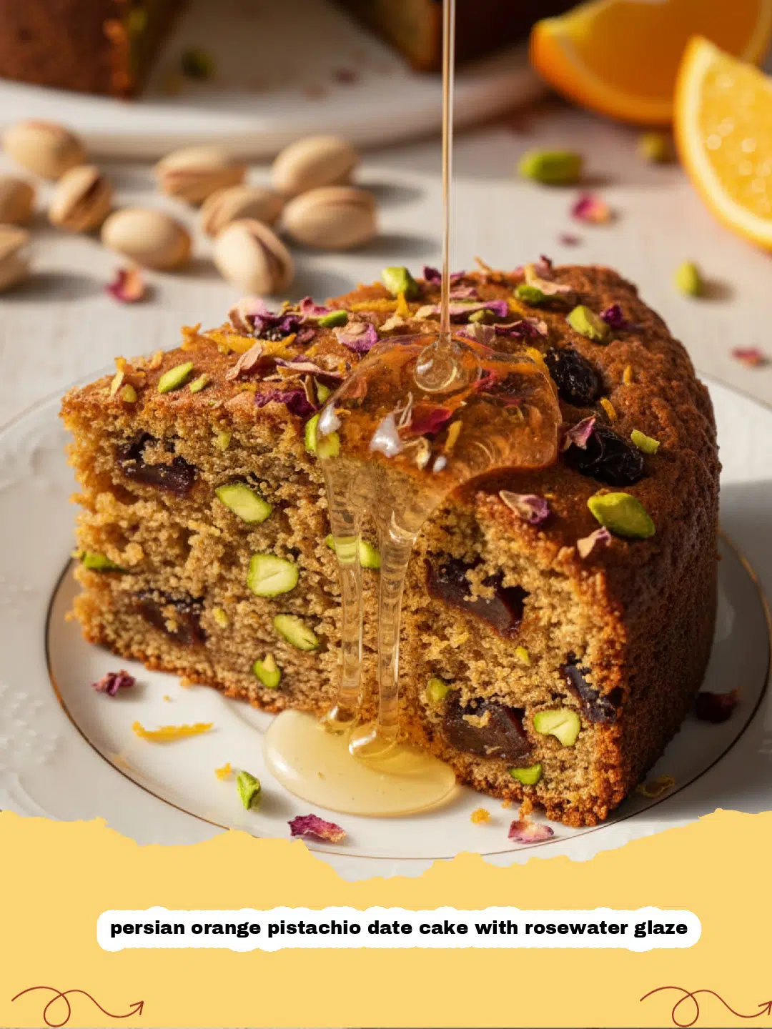 persian orange pistachio date cake with rosewater glaze - A golden Persian orange pistachio date cake topped with a white rosewater glaze, dried rose petals, and green pistachios.