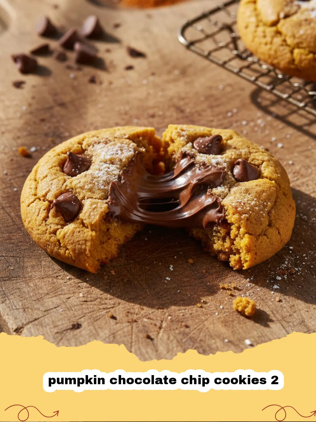 A stack of soft pumpkin chocolate chip cookies 2 on a rustic wooden plate