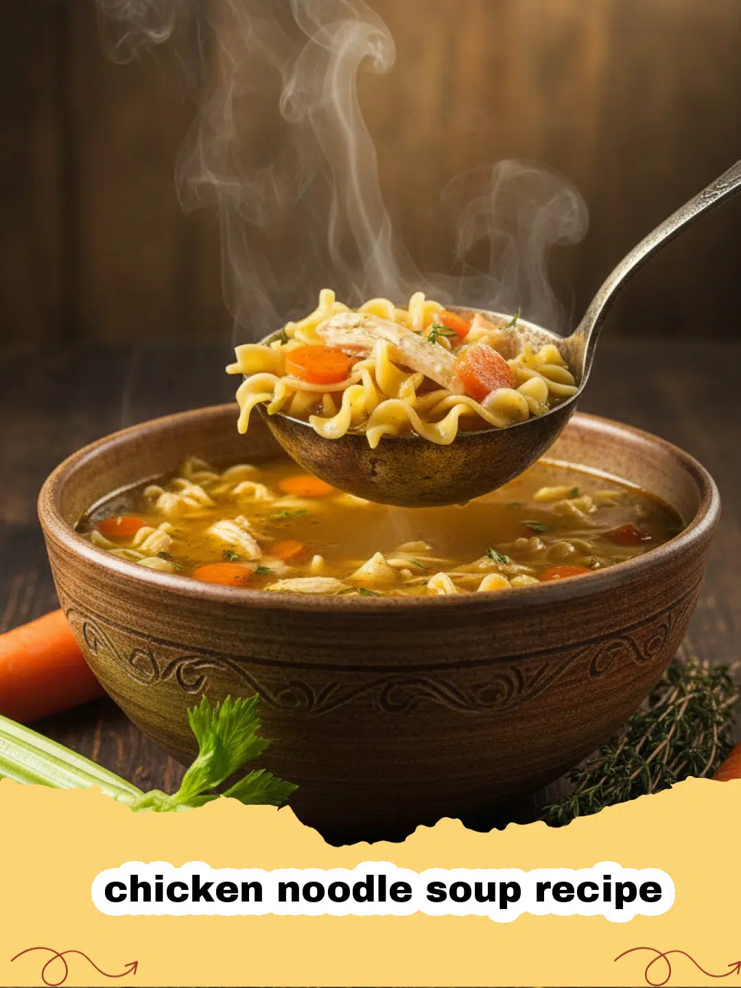 chicken noodle soup recipe - A steaming bowl of homemade chicken noodle soup with fresh herbs