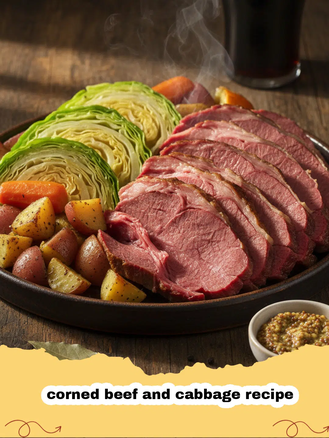 corned beef and cabbage recipe - A platter of sliced corned beef with boiled cabbage, carrots, and potatoes.