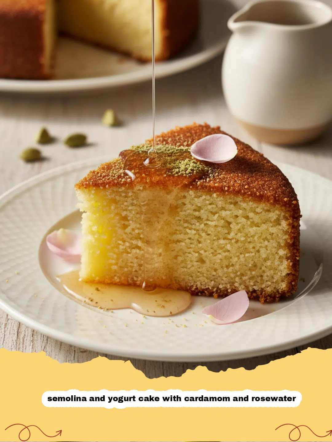 A golden brown semolina and yogurt cake with cardamom and rosewater topped with pistachios