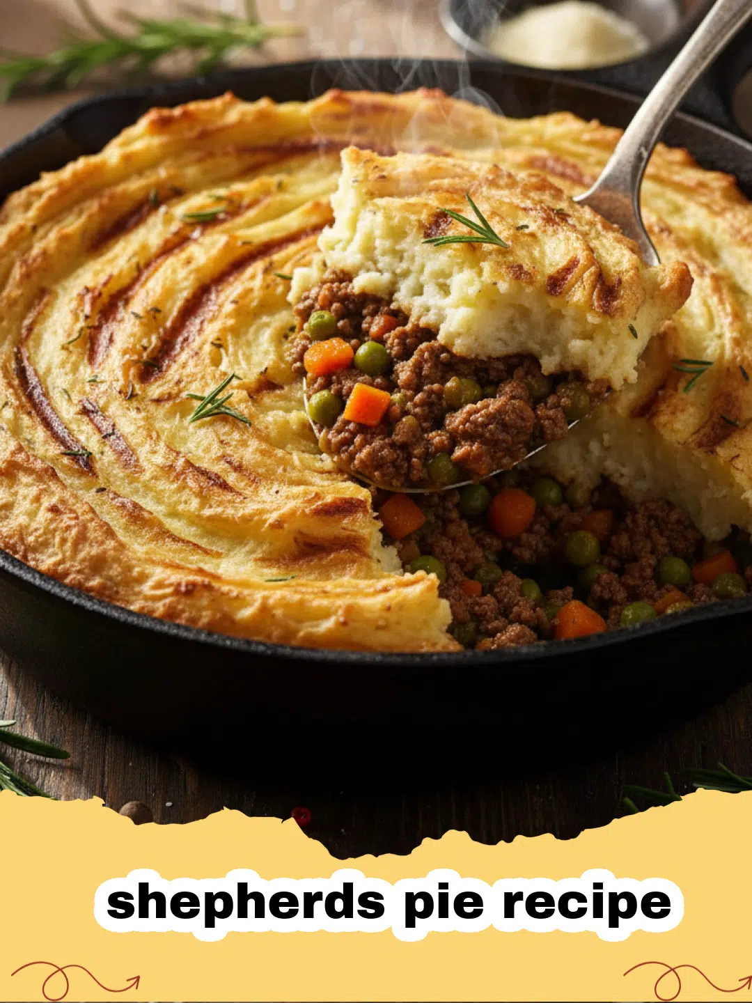 shepherds pie recipe - A golden brown shepherds pie in a baking dish with a scoop missing showing the meat and vegetable filling.