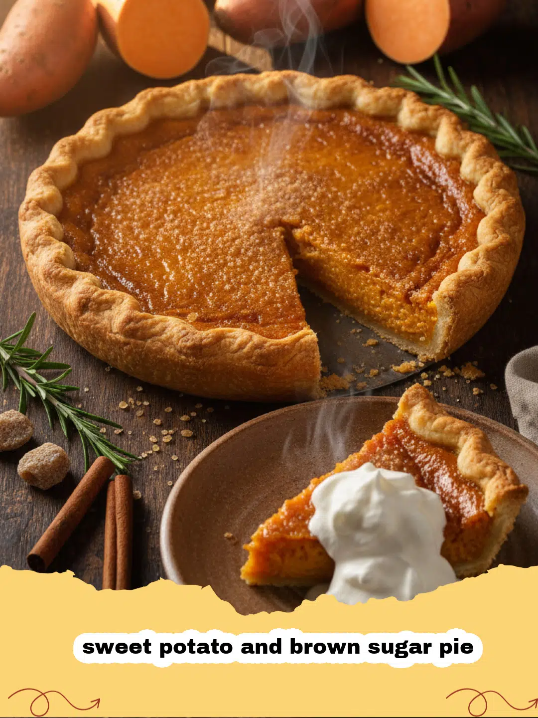 A slice of sweet potato and brown sugar pie with whipped cream on top