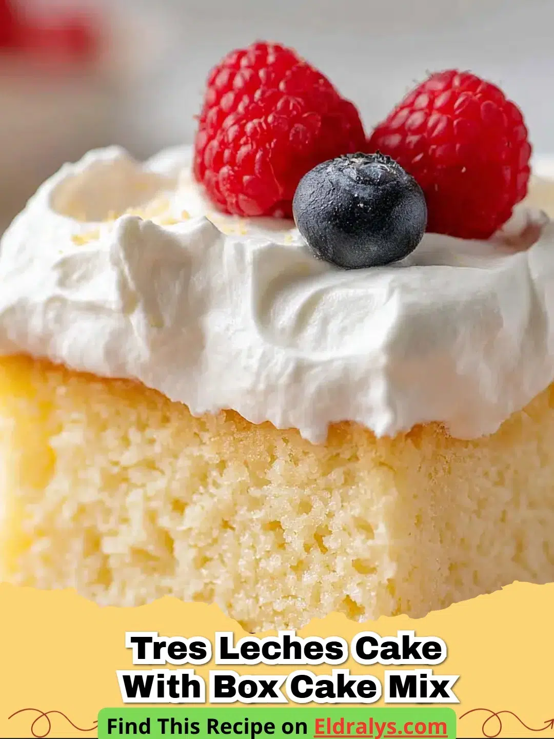 A delicious slice of Tres Leches Cake with Box Cake Mix topped with whipped cream and cinnamon.
