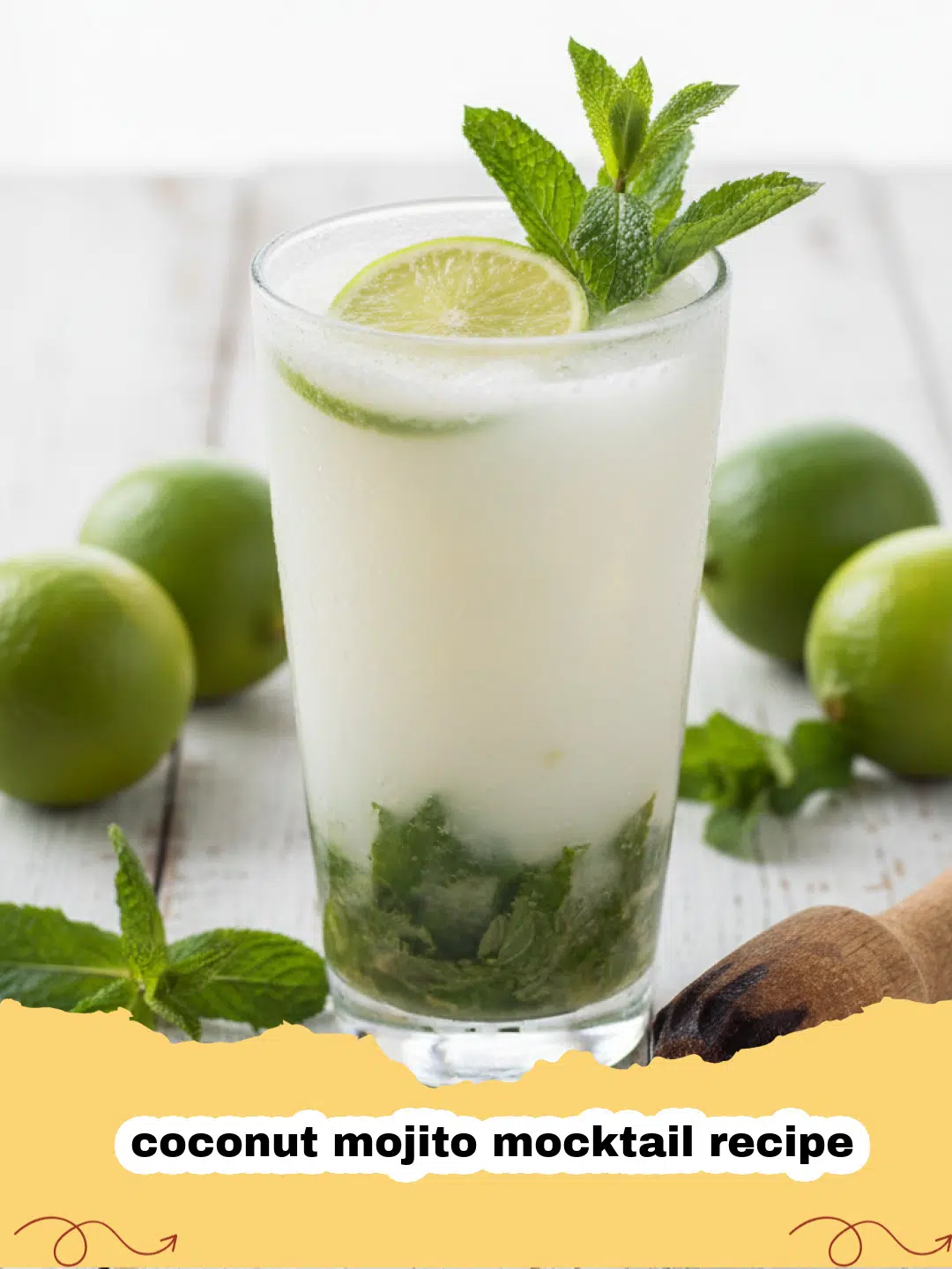 coconut mojito mocktail recipe - Two glasses of creamy coconut mojito mocktail with mint and lime garnishes