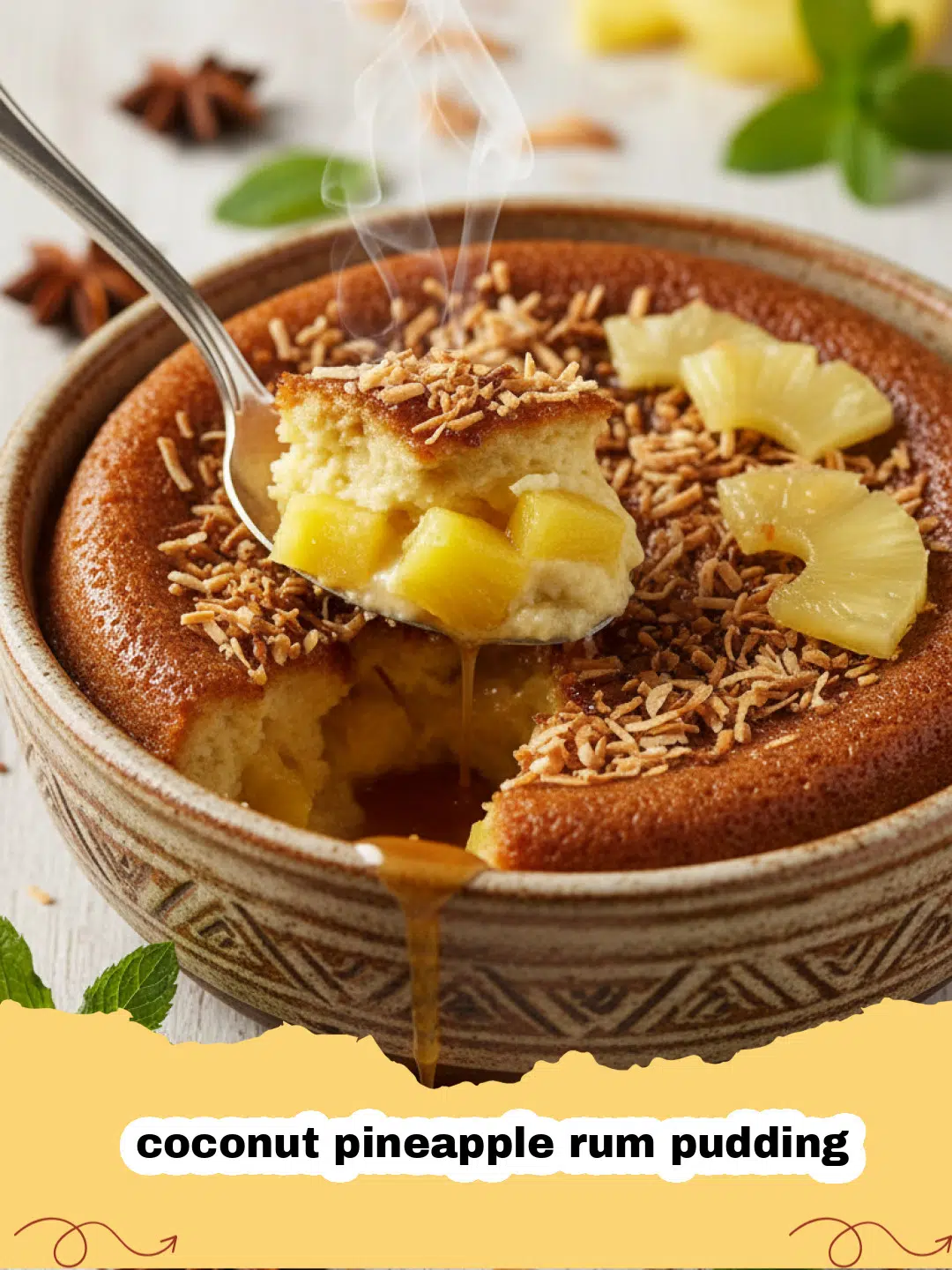 A close-up shot of golden-brown coconut pineapple rum pudding with fresh pineapple chunks visible.