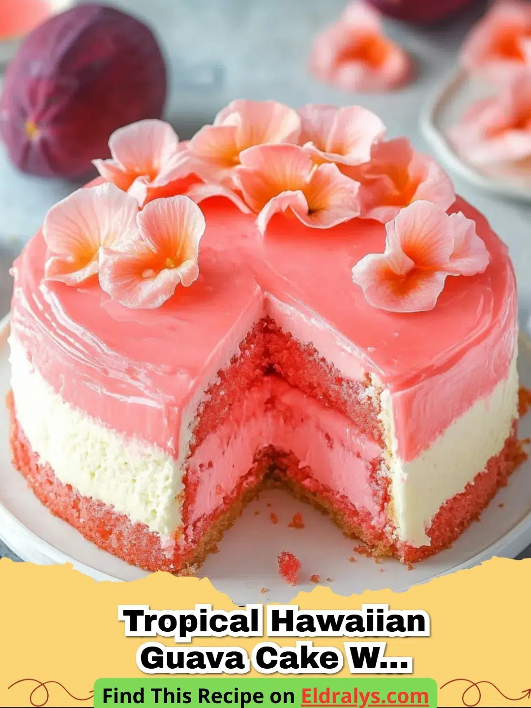 A close up slice of Tropical Hawaiian Guava Cake with Creamy Bliss on a white plate with tropical flowers.