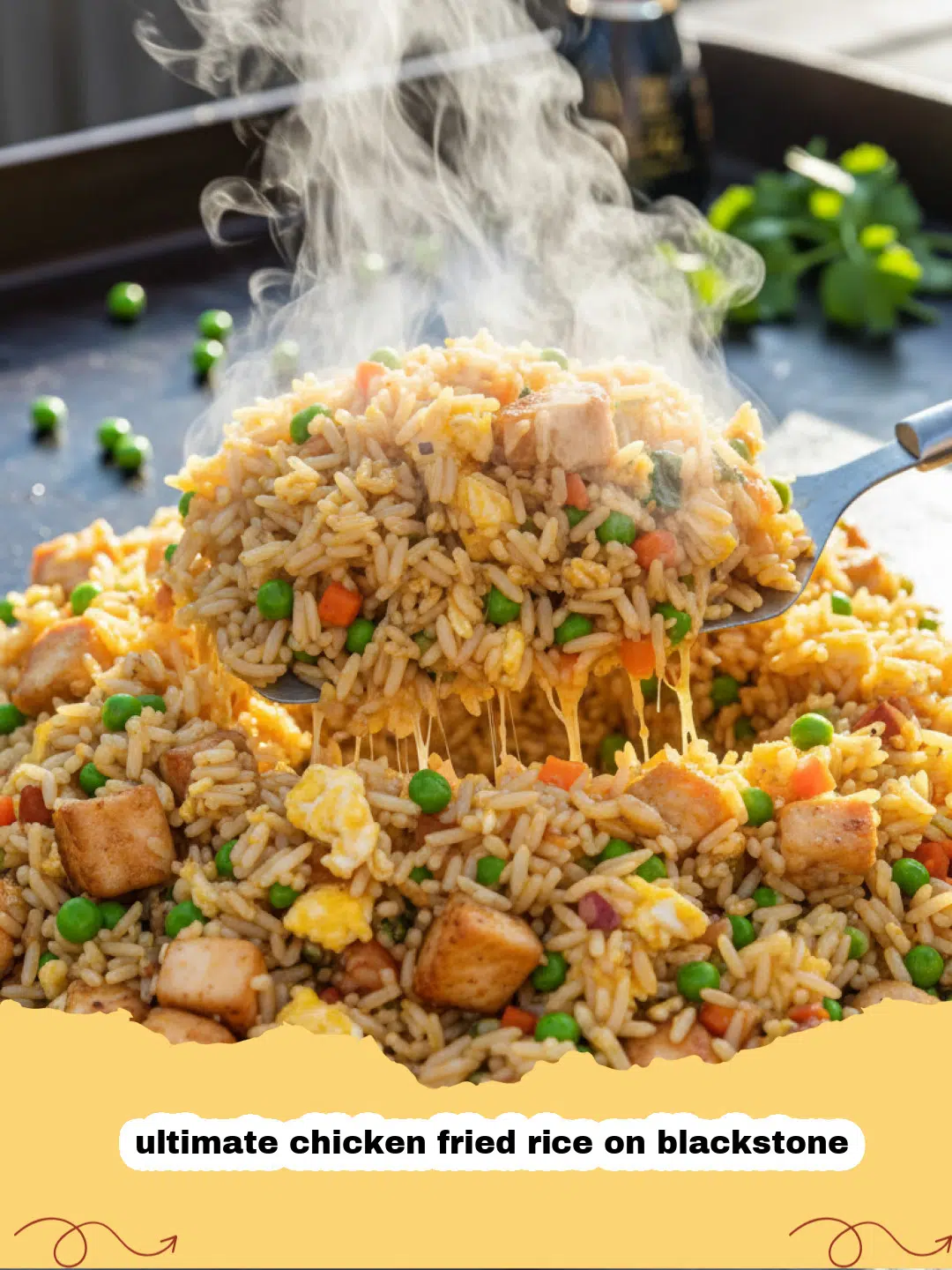 A large portion of ultimate chicken fried rice on blackstone being tossed with two metal spatulas on a seasoned griddle.