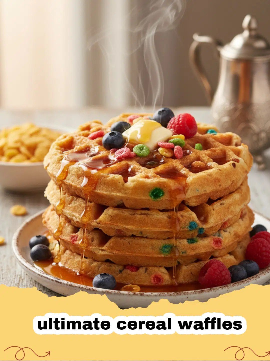ultimate cereal waffles - A stack of golden brown waffles filled with colorful fruity cereal and topped with whipped cream.