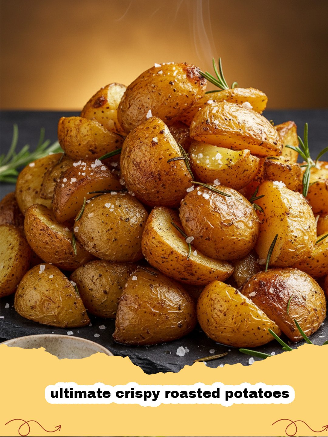 A close up of ultimate crispy roasted potatoes on a dark roasting tray with rosemary sprigs.