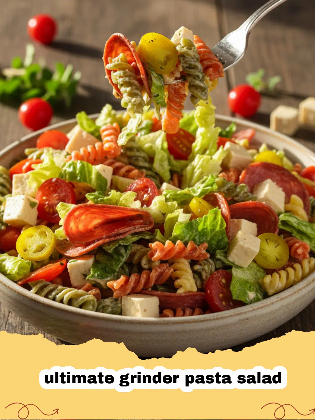 A large bowl of the ultimate grinder pasta salad with visible salami, cheese, and rotini pasta.