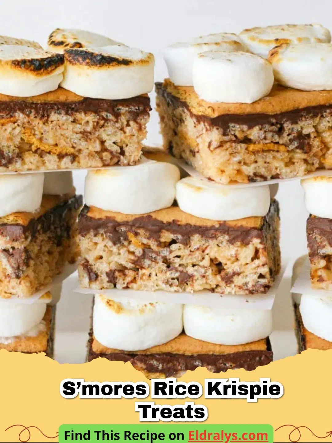 A stack of gooey S’mores Rice Krispie Treats with visible chocolate chips and graham cracker bits.