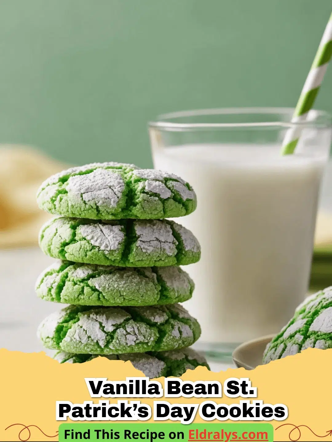 A stack of vibrant green Vanilla Bean St. Patrick’s Day Cookies showing vanilla specks.