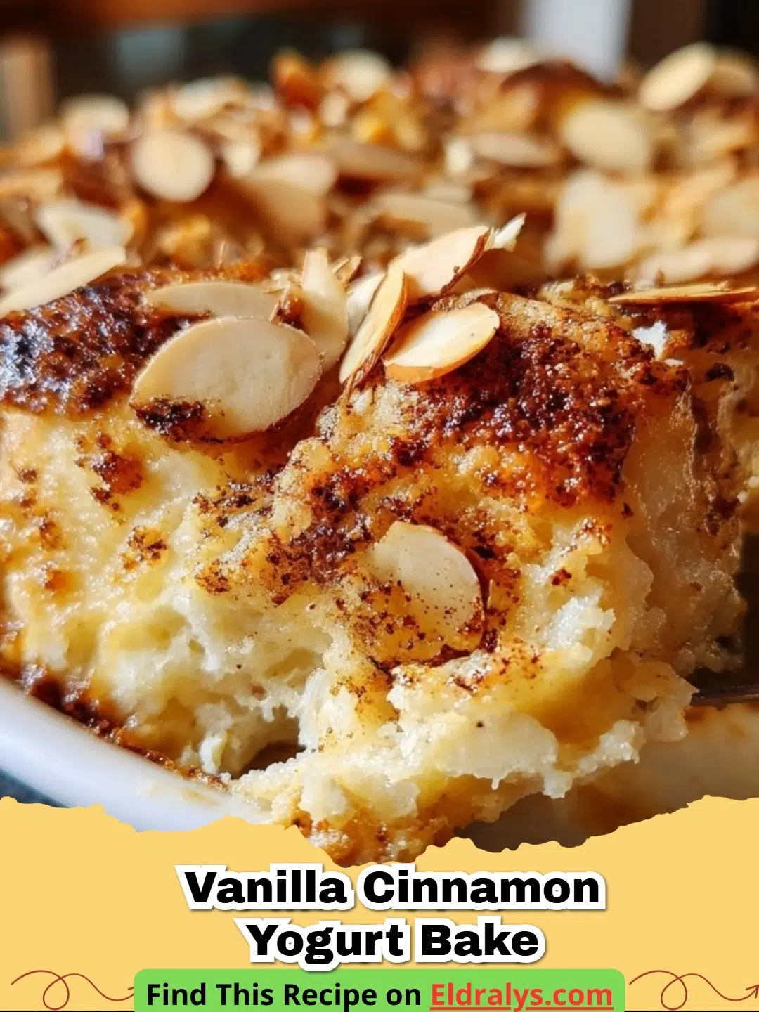 A golden brown Vanilla Cinnamon Yogurt Bake topped with fresh berries.