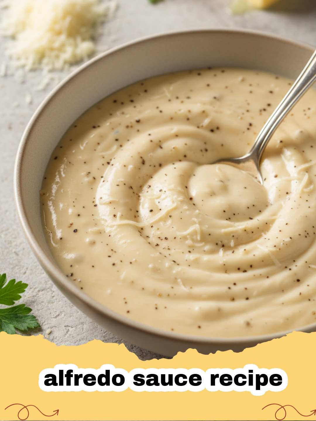 alfredo sauce recipe - Creamy homemade alfredo sauce being poured over fettuccine pasta in a white bowl.