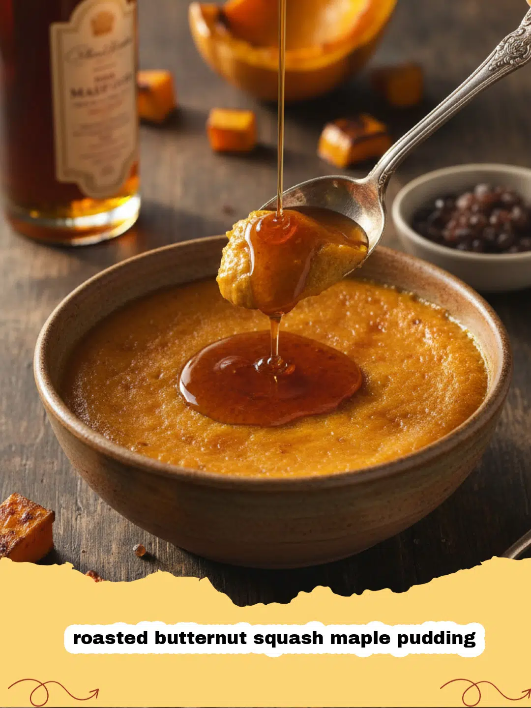 A glass bowl of creamy roasted butternut squash maple pudding topped with whipped cream and a cinnamon stick.