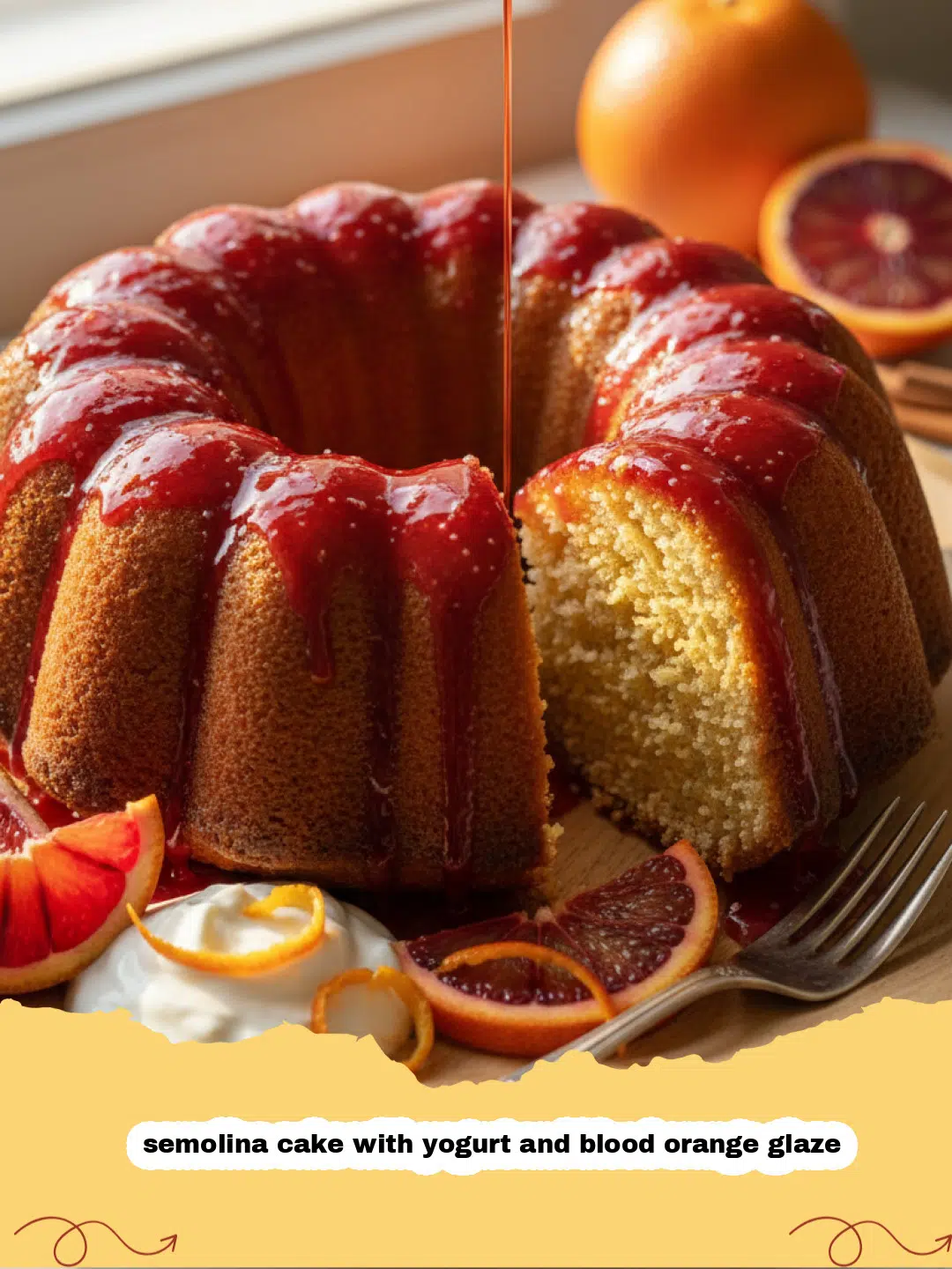 semolina cake with yogurt and blood orange glaze - A beautiful semolina cake with a bright pink blood orange glaze on a white cake stand.