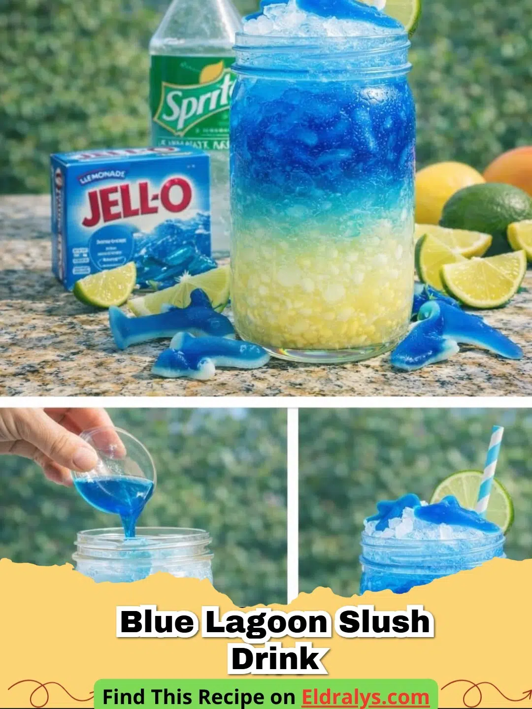A bright Blue Lagoon Slush Drink in a tall glass with a lemon slice garnish and a cherry.