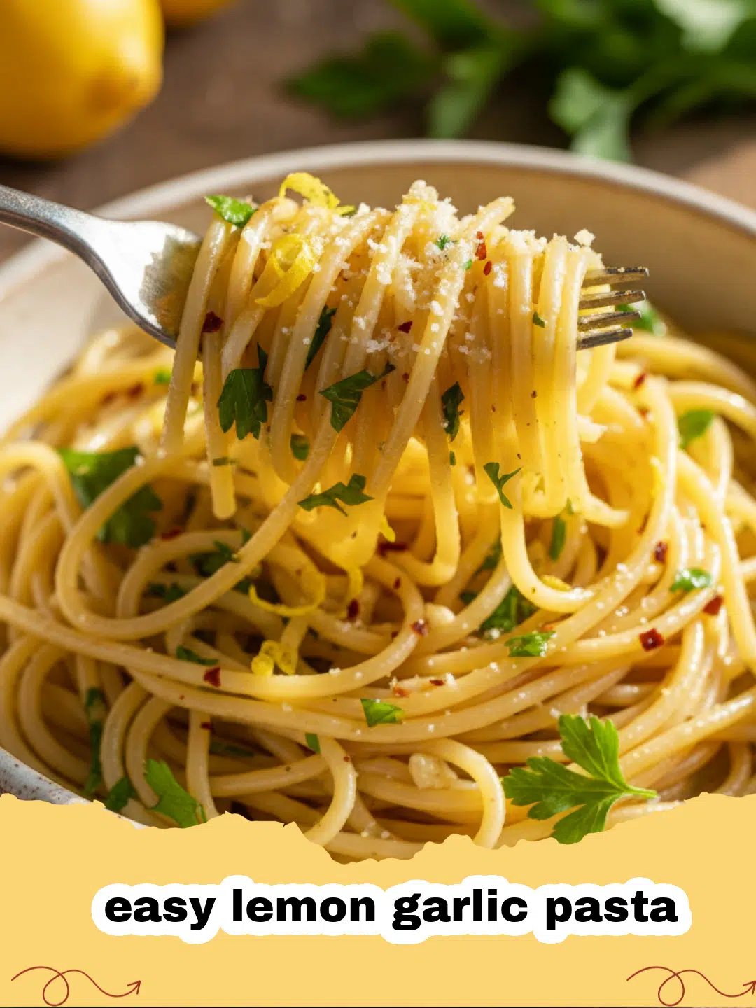 A close-up shot of easy lemon garlic pasta with fresh parsley and parmesan.