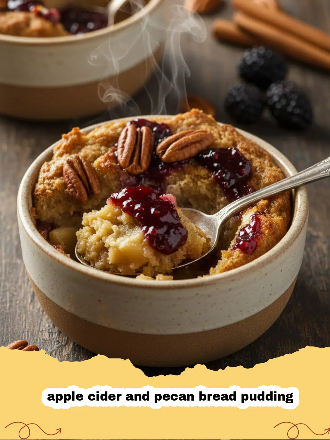 A close up of apple cider and pecan bread pudding in a glass baking dish with caramel sauce.