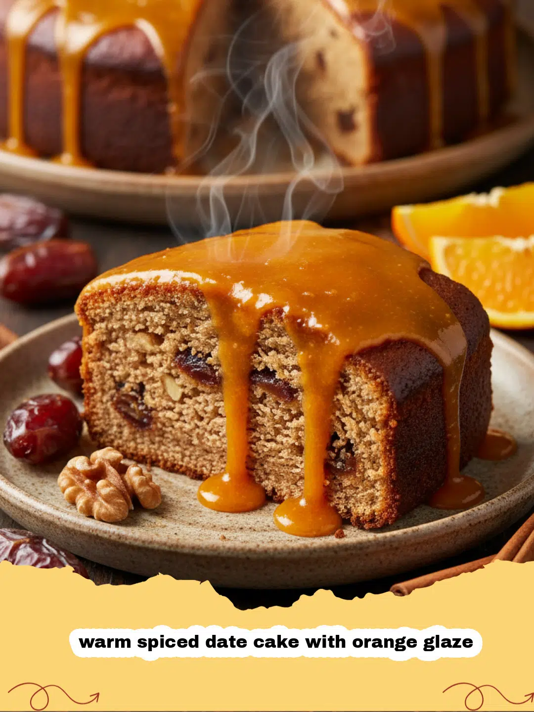 A beautiful slice of warm spiced date cake with orange glaze on a white plate.