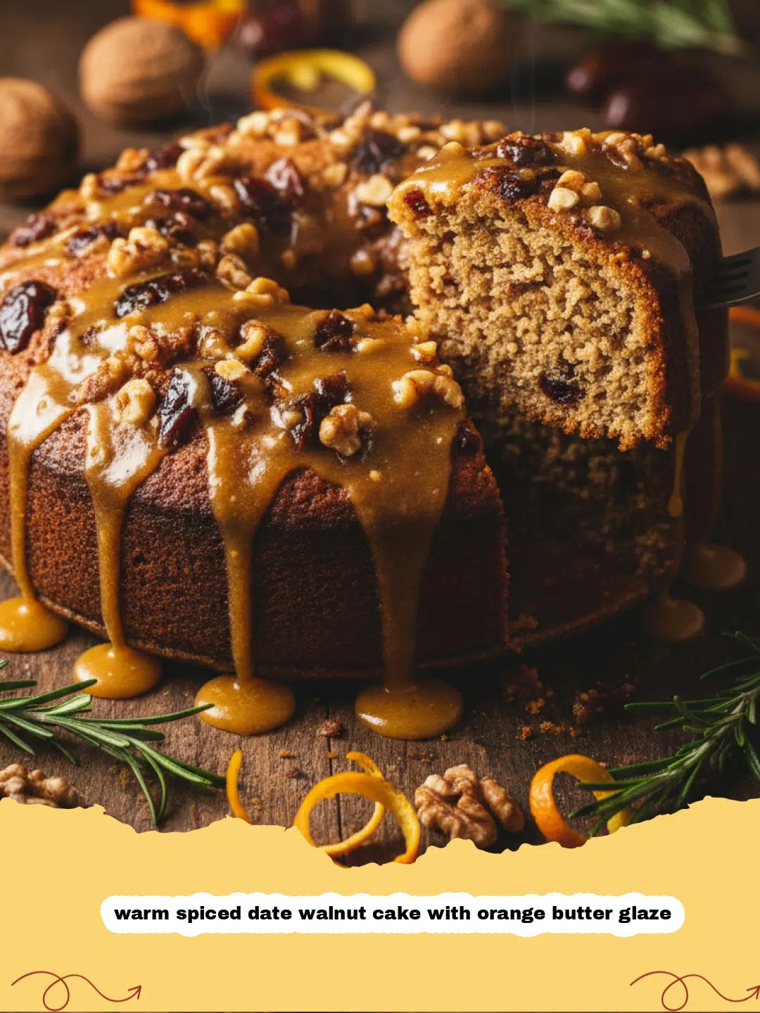 A close-up shot of a slice of warm spiced date walnut cake with orange butter glaze showing the moist texture and crunchy walnuts.
