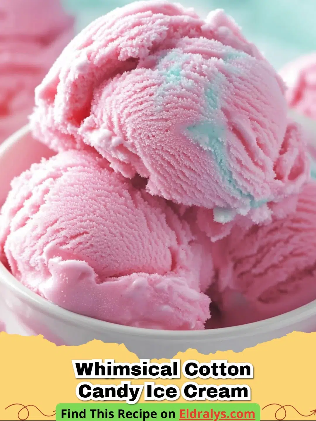 A scoop of Whimsical Cotton Candy Ice Cream with pink and blue swirls in a white bowl.