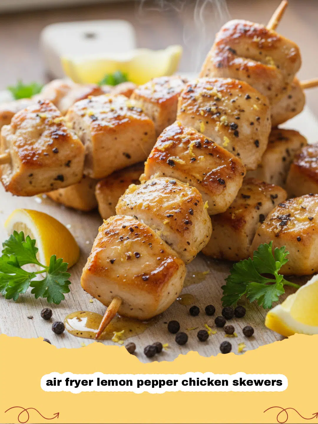 Close-up of golden brown air fryer lemon pepper chicken skewers with colorful bell peppers and red onion, garnished with fresh parsley.