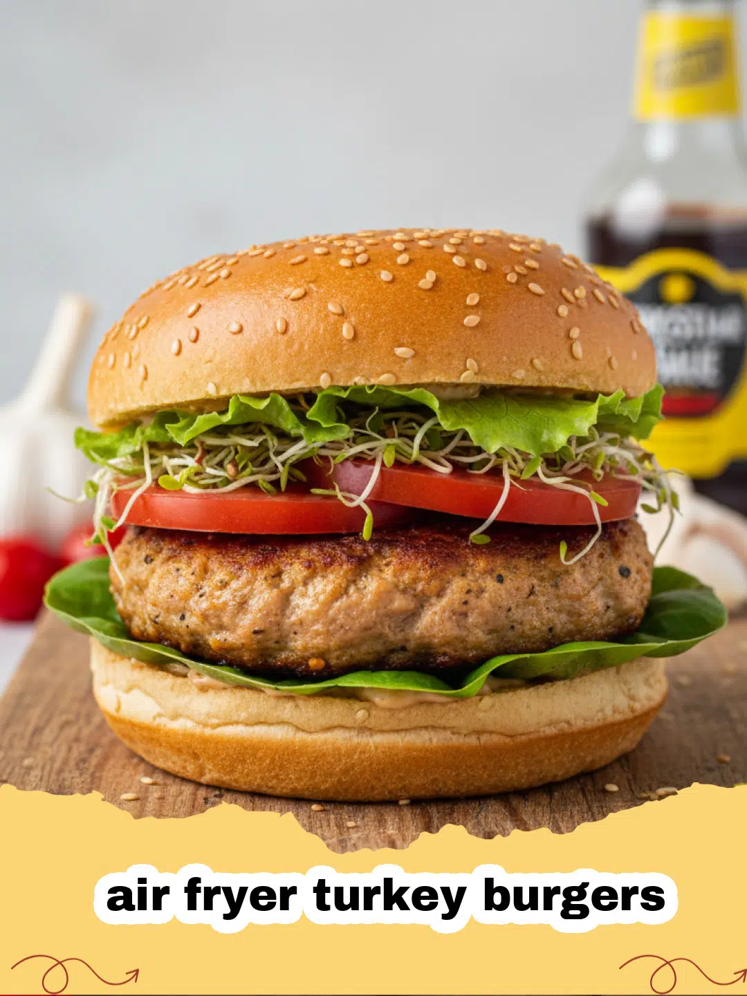 air fryer turkey burgers - A perfectly cooked, juicy air fryer turkey burger on a bun with fresh toppings.