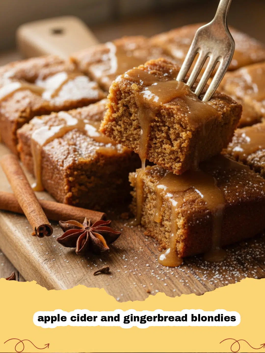 A stack of thick, fudgy apple cider and gingerbread blondies on a wooden board.