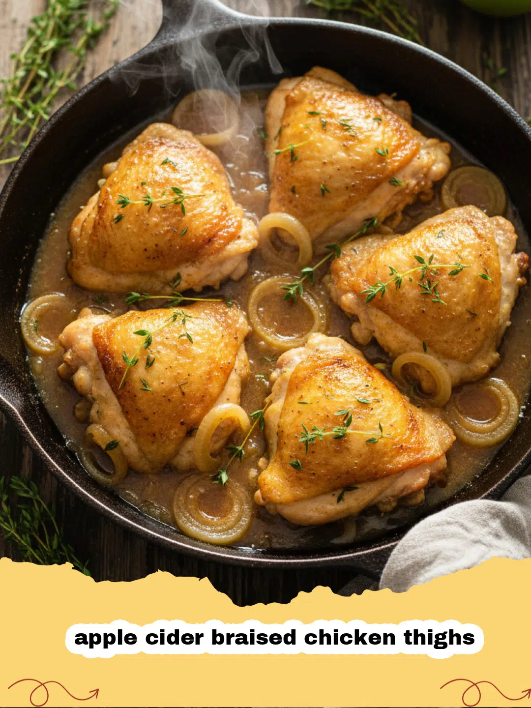 Succulent apple cider braised chicken thighs in a cast iron pan with apple slices and herbs.