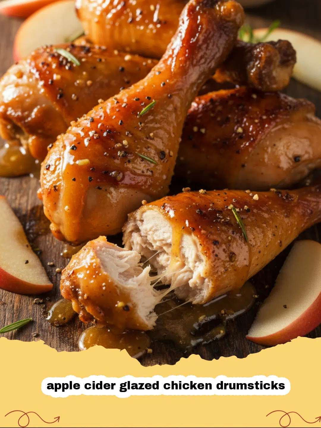 A platter of sticky apple cider glazed chicken drumsticks garnished with rosemary and apple slices.