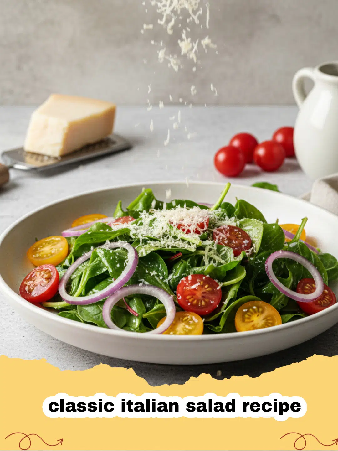 classic italian salad recipe - A large bowl of classic Italian salad with crisp lettuce, tomatoes, cucumbers, red onion, olives, and Parmesan cheese, dressed with vinaigrette.