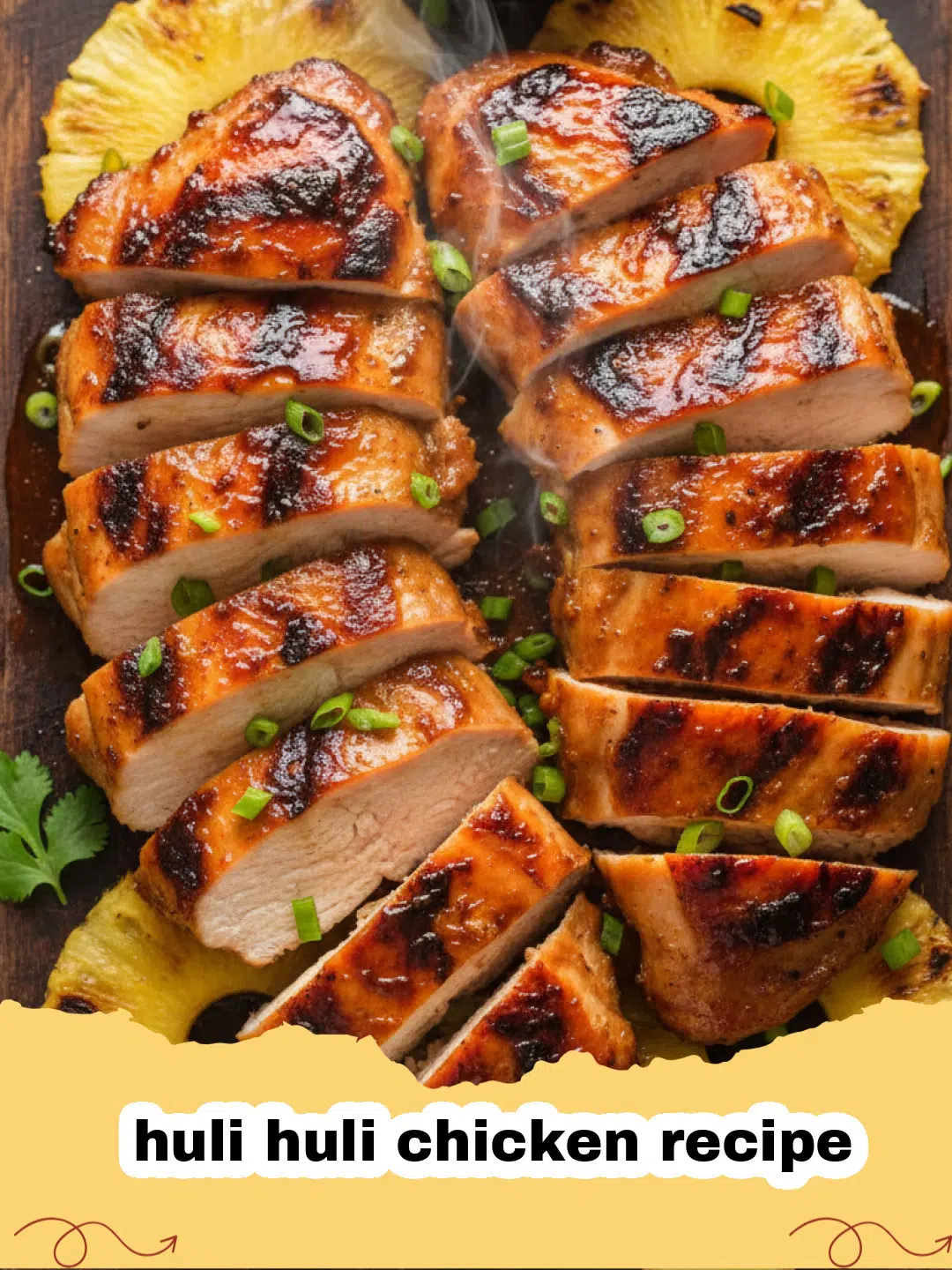 huli huli chicken recipe - Close-up of grilled Huli Huli chicken thighs with a caramelized glaze, garnished with green onions and sesame seeds, alongside grilled pineapple slices and white rice.