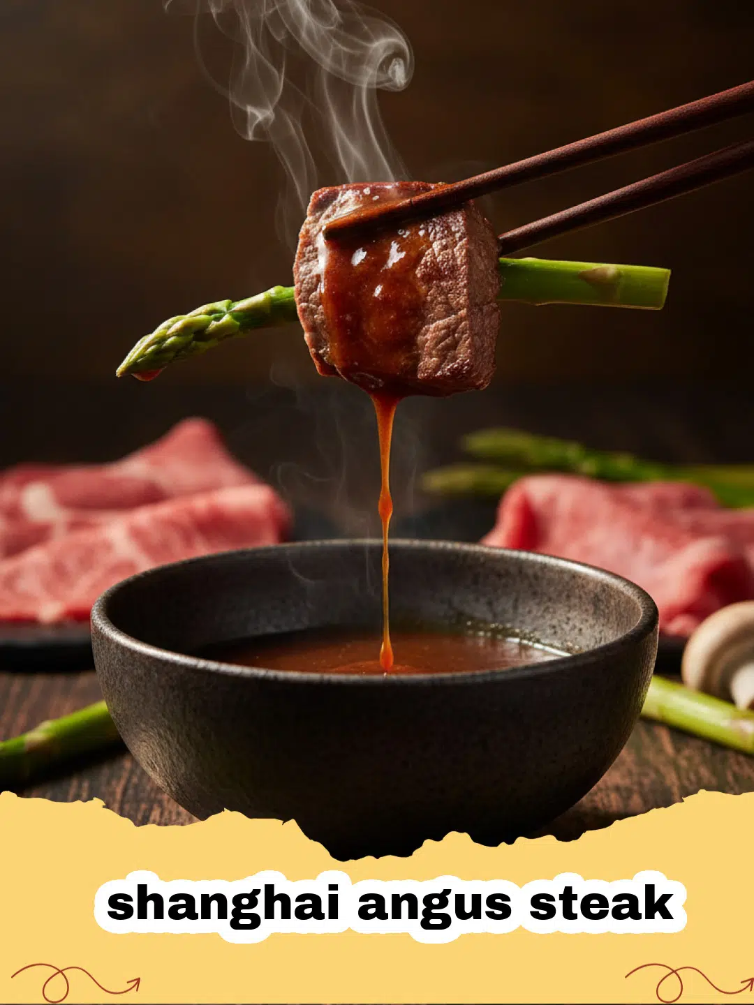 shanghai angus steak - Close-up of perfectly cooked Shanghai Angus Steak garnished with green onions and sesame seeds, served with rice.