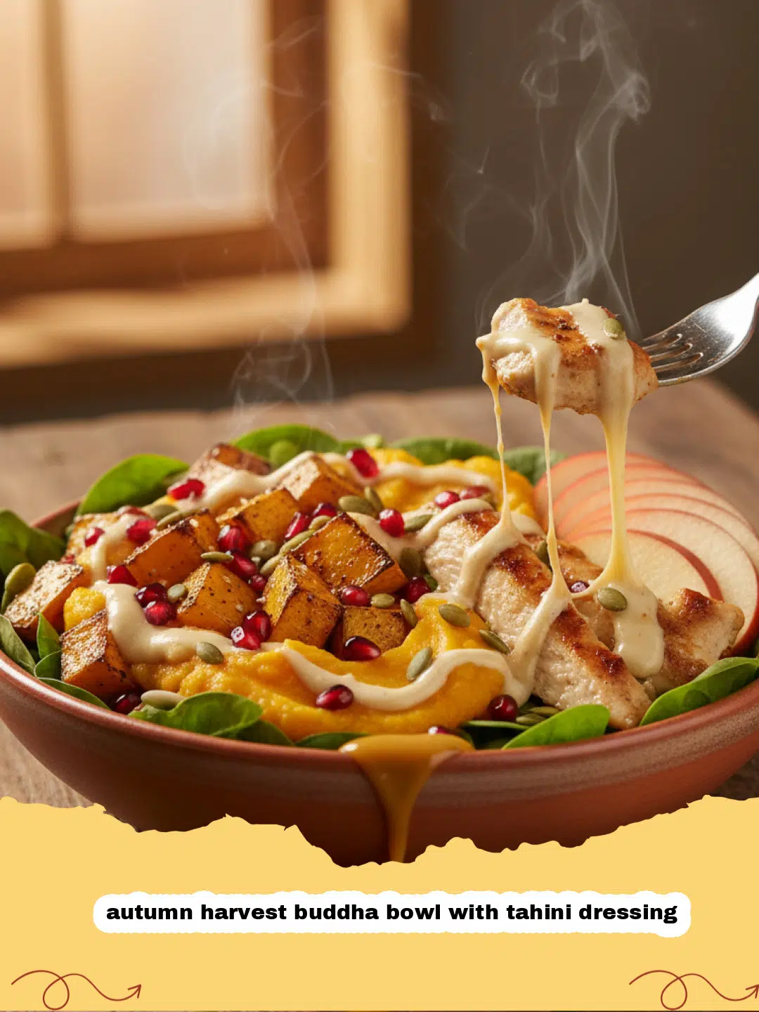 A colorful autumn harvest buddha bowl with tahini dressing featuring roasted orange sweet potatoes and green kale.