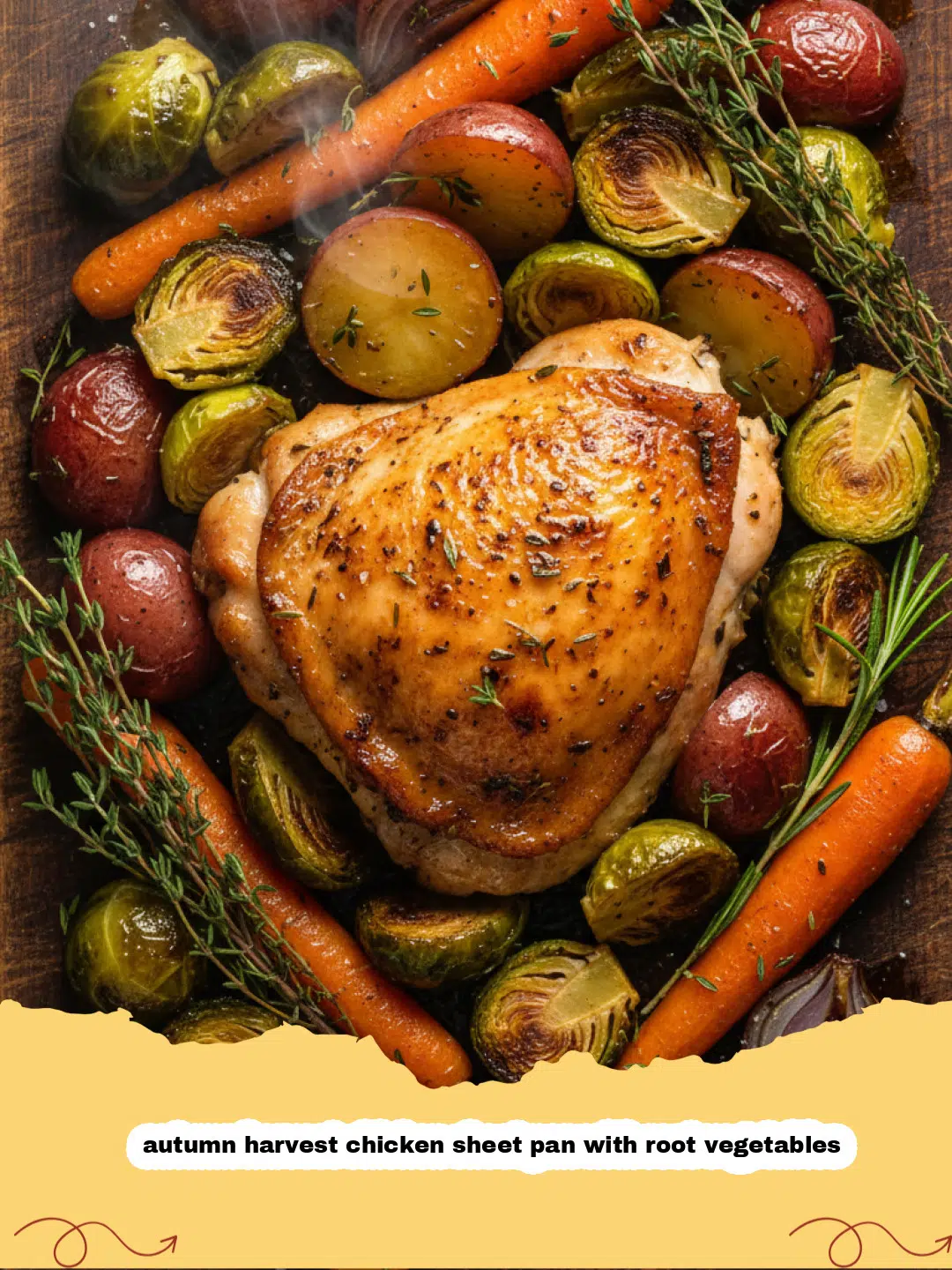 autumn harvest chicken sheet pan with root vegetables - Golden roasted chicken thighs and root vegetables on a sheet pan