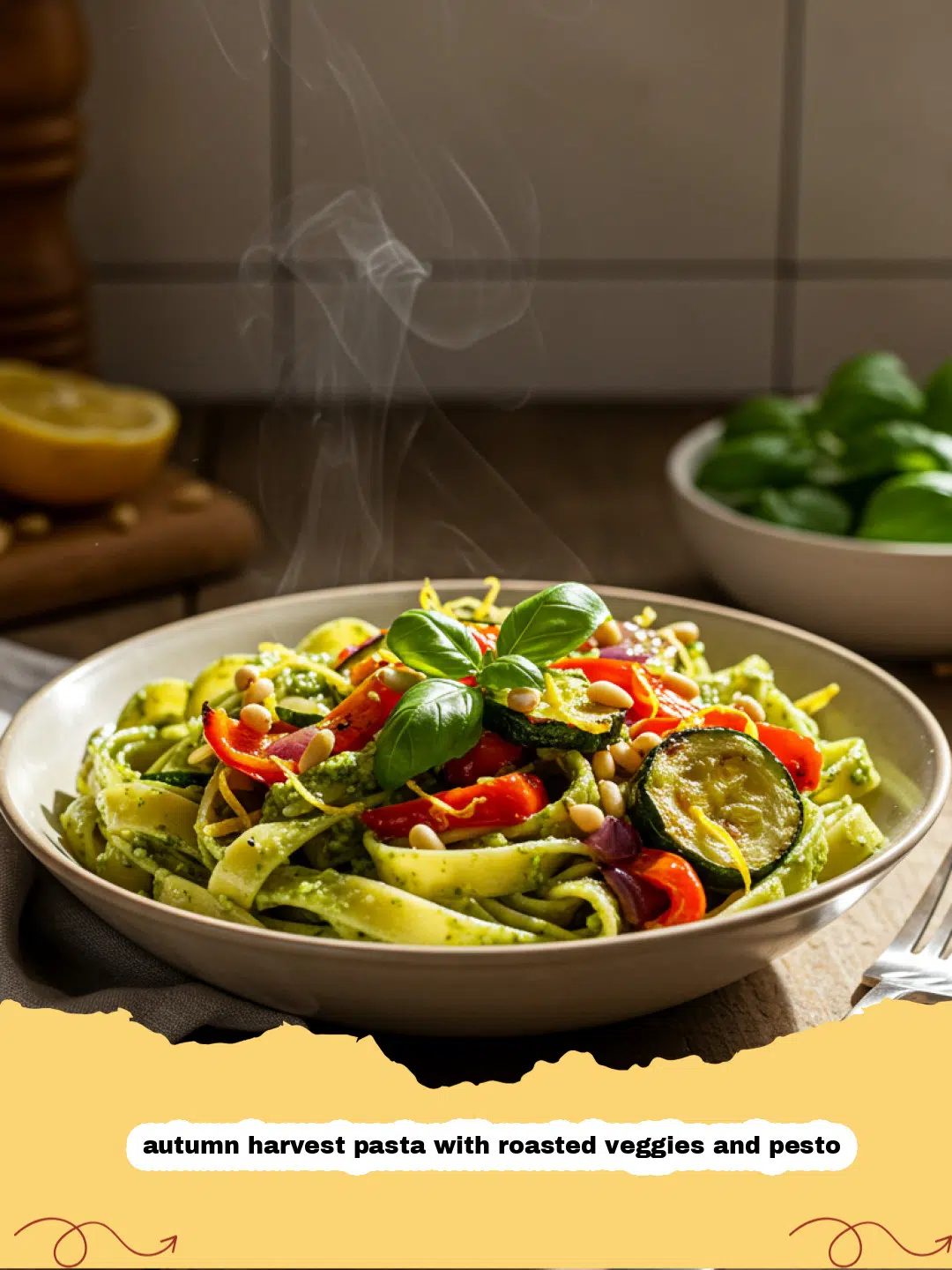 A bowl of autumn harvest pasta with roasted veggies and pesto