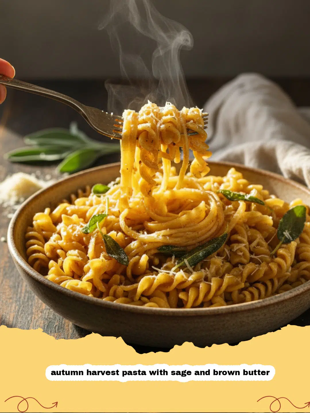 A beautiful plate of autumn harvest pasta with sage and brown butter featuring roasted squash and crispy sage.