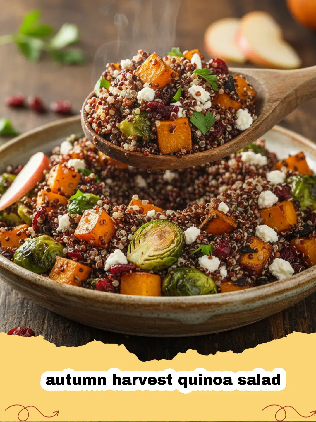 A large bowl of autumn harvest quinoa salad with roasted squash and pecans