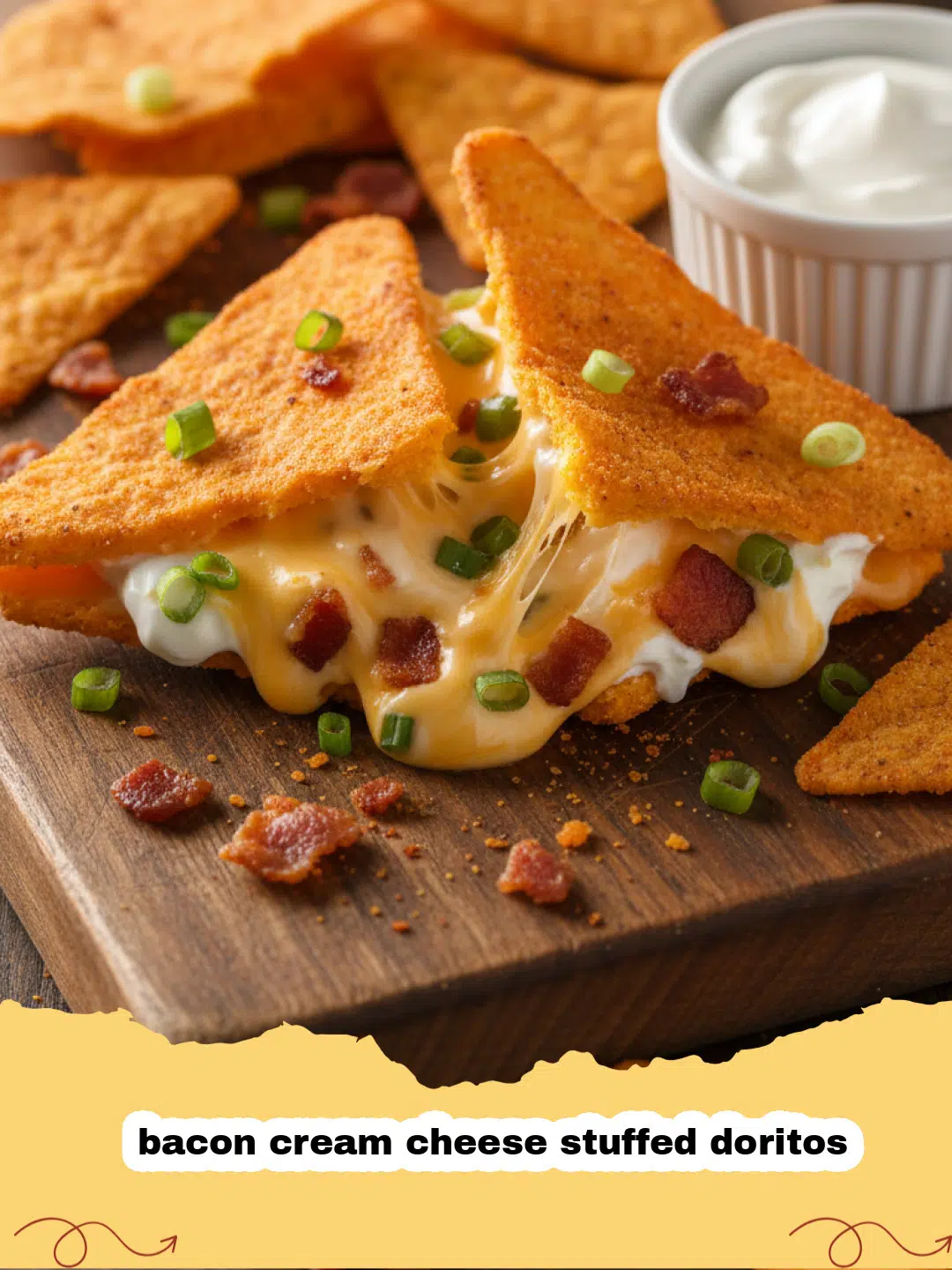 bacon cream cheese stuffed doritos - Crispy Nacho Cheese Doritos stuffed with creamy bacon and cream cheese filling, arranged on a plate.