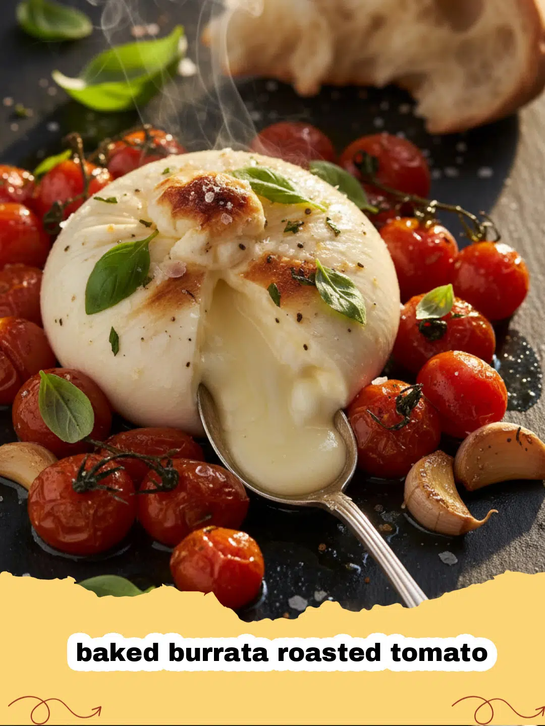 baked burrata roasted tomato - Close-up of baked burrata with roasted tomatoes, basil, and crusty bread
