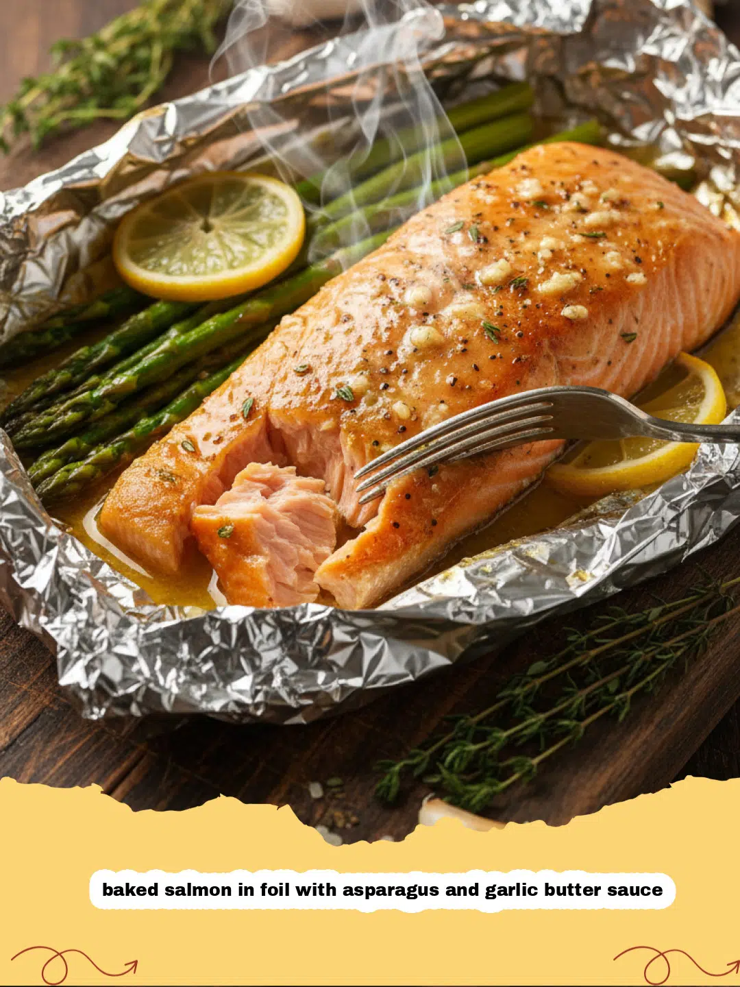 baked salmon in foil with asparagus and garlic butter sauce - Close-up of perfectly baked salmon in foil with tender asparagus and melted garlic butter sauce, garnished with fresh dill.