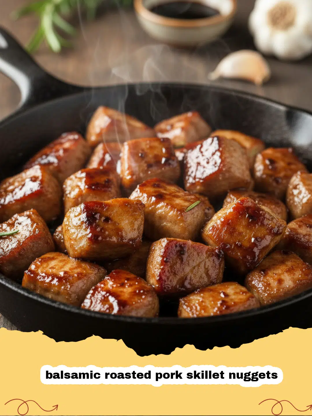Close-up of balsamic roasted pork skillet nuggets with bell peppers and onions in a cast iron skillet
