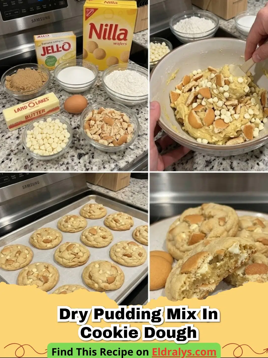 A pile of soft Banana Pudding Cookies with white chocolate chips and vanilla wafer pieces visible.