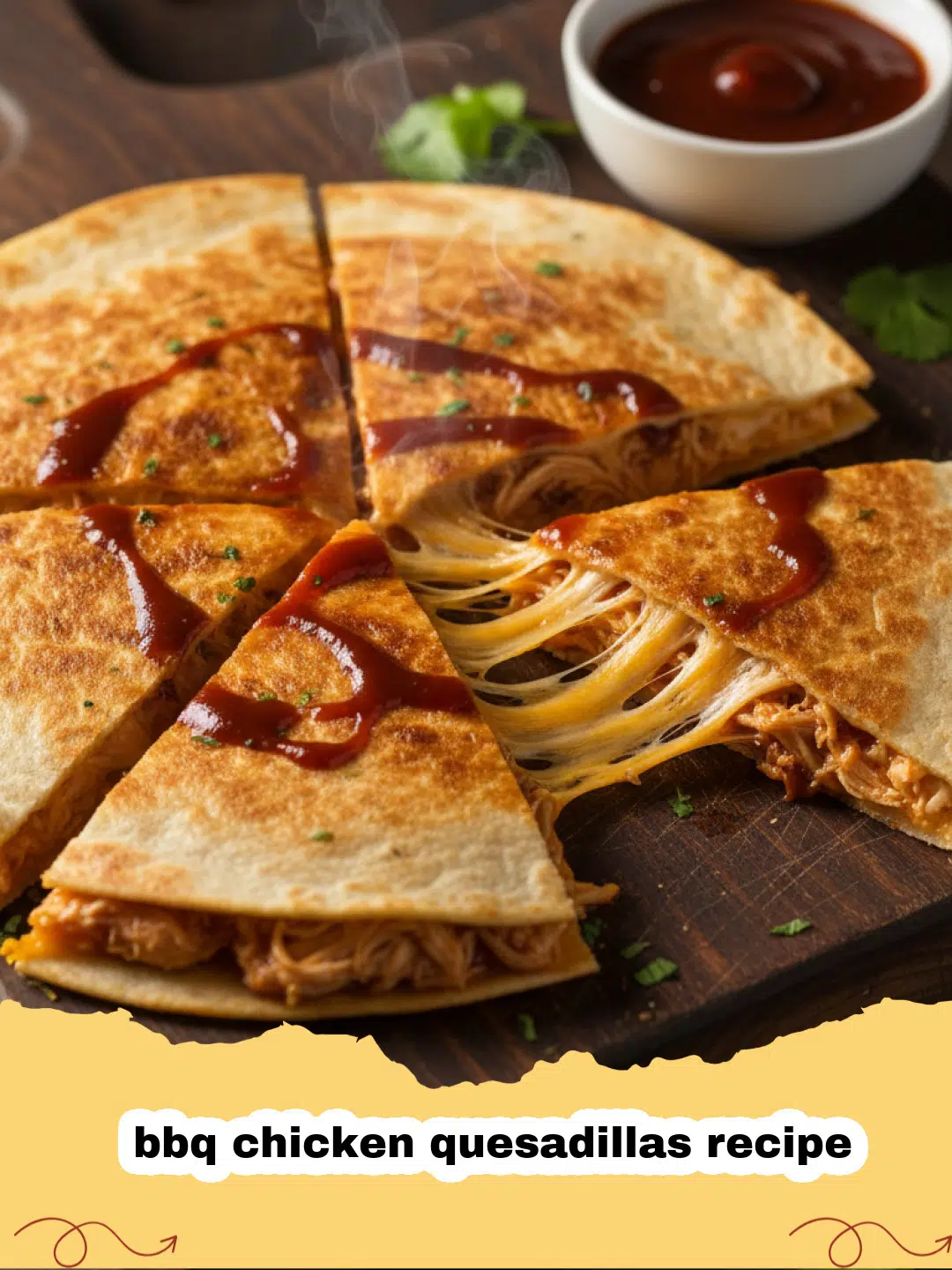 bbq chicken quesadillas recipe - Close-up of golden brown BBQ Chicken Quesadillas cut into wedges, showing melted cheese and shredded chicken filling, garnished with cilantro and served with sour cream and salsa on the side.