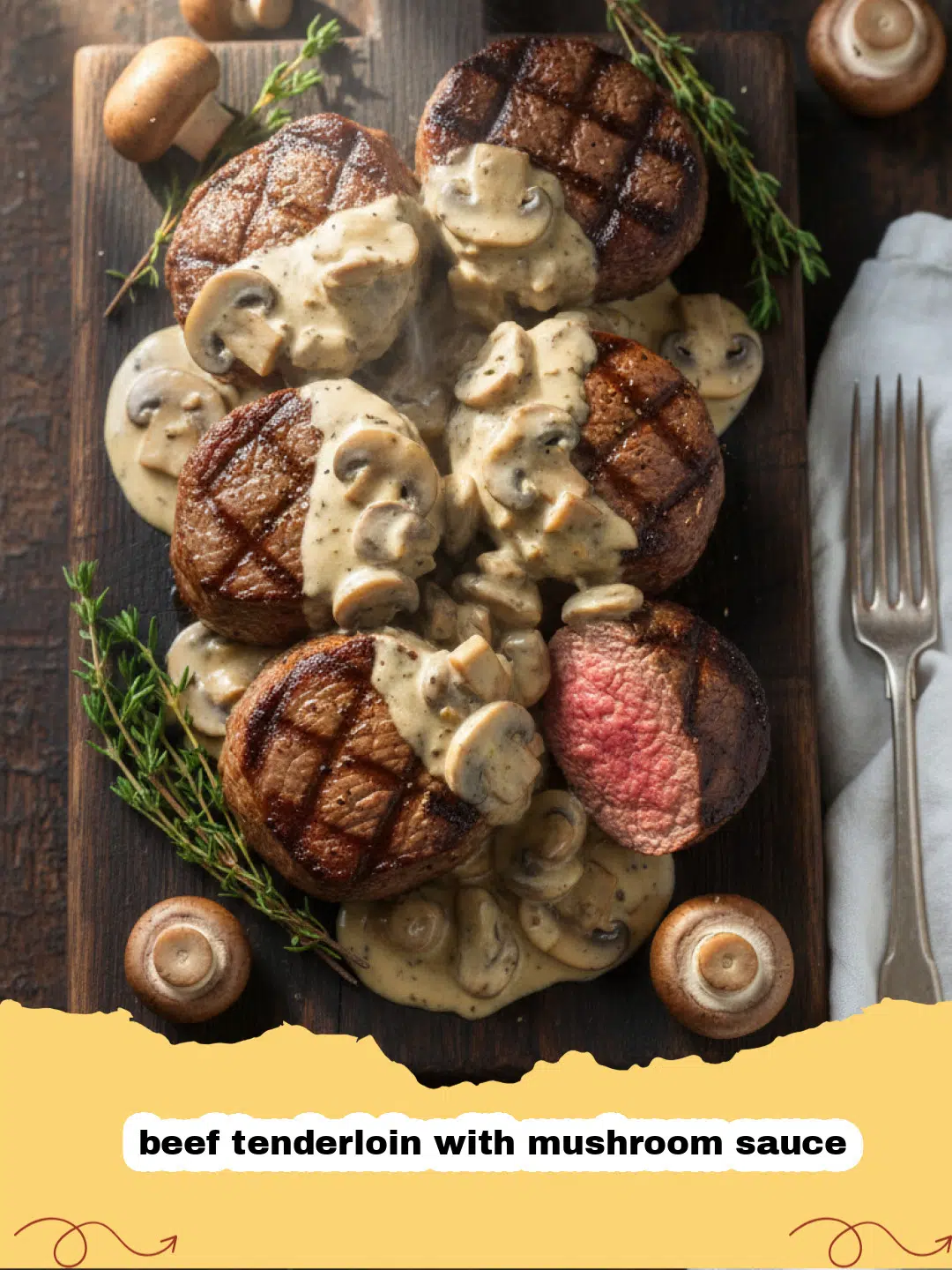 beef tenderloin with mushroom sauce - Perfectly seared beef tenderloin medallions topped with a rich, creamy mushroom sauce and fresh herbs.