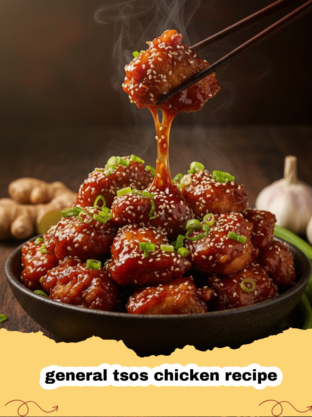 general tsos chicken recipe - Plate of crispy General Tso's Chicken with sesame seeds and green onions