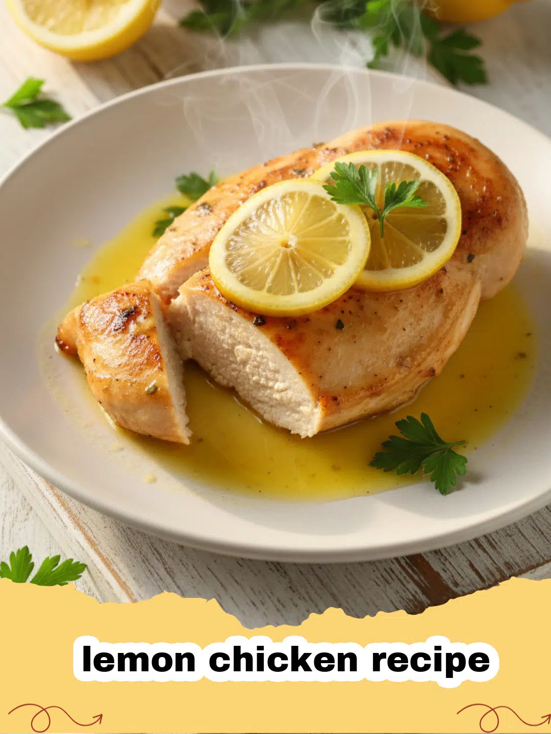 lemon chicken recipe - Golden brown roasted lemon chicken with herbs and lemon slices in a baking dish, ready to serve.