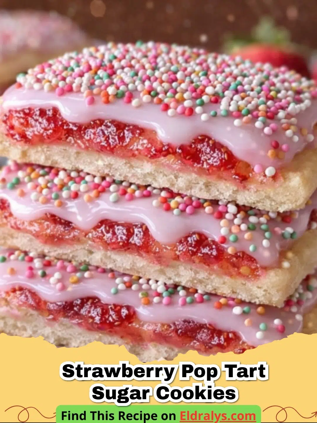 Close up of Strawberry Pop Tart Sugar Cookies with white icing and sprinkles
